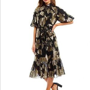 Alex Marie Black Gold Mock Neck Puff Sleeve Midi Dress Belted Pockets Cocktail